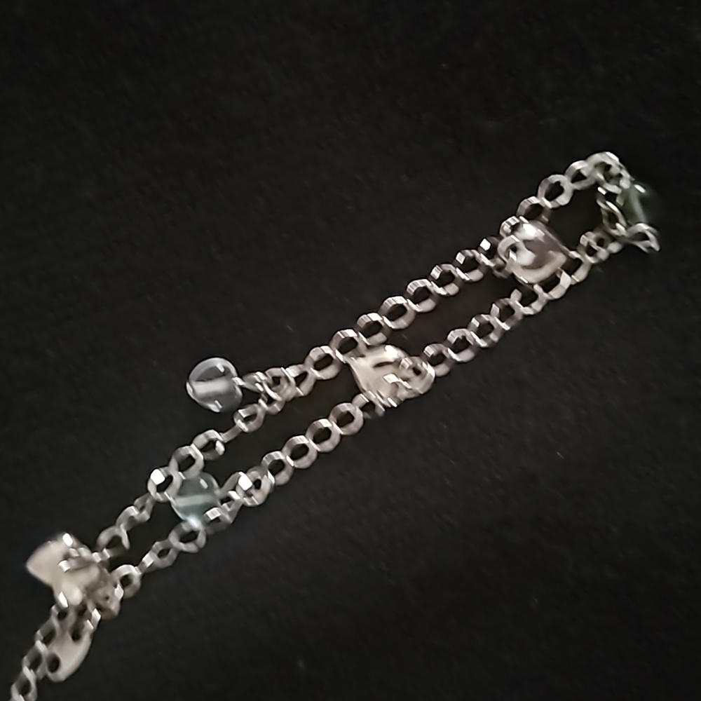 Silver Avon 9" anklet with dangly green, blue, & silver heart shaped beads - Picture 8 of 8